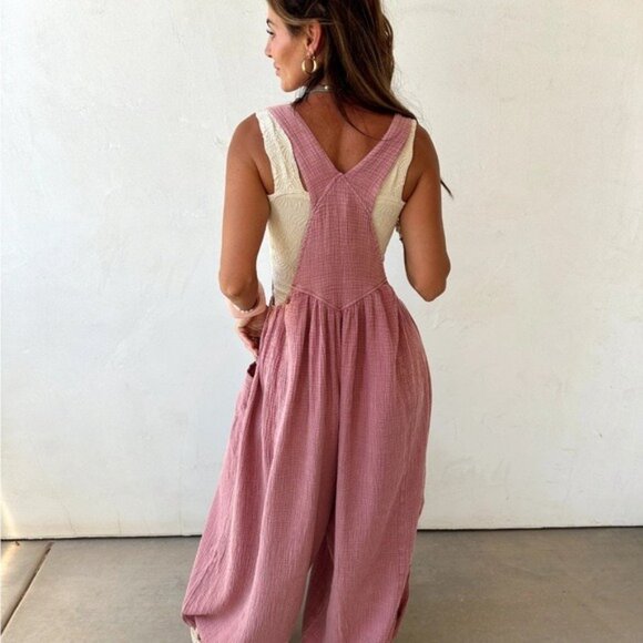 Boutique Pink Gauze Jumpsuit Overalls Small NWT – Boho Wide Leg - Picture 4 of 8